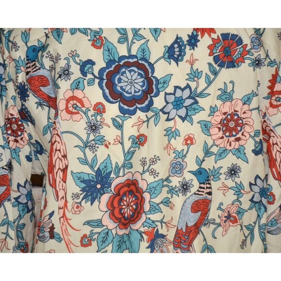 NWT Women M Tunic Blouse Shirt Colorful Peacock Print Loose Button Up Collarless - Picture 12 of 15